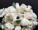Hand-Tied bouquet of roses, anemones, ranunculus and hydrangea all in white. Accented with Silver Dollar Eucalyptus