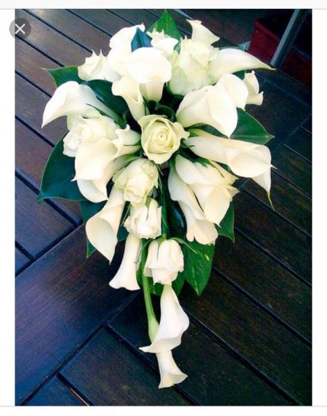 A beautiful all white cascade of calla lilies and roses